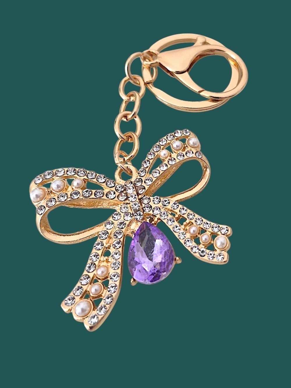 Gold Bow Bag Charm / Keychain with Purple Teardrop Crystal